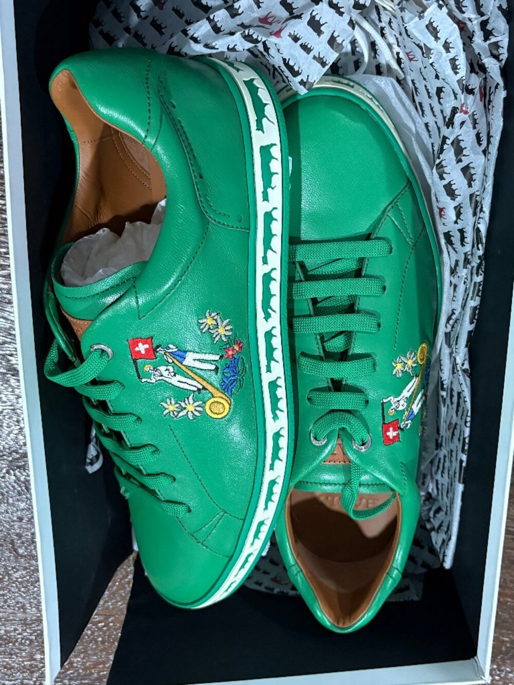 BALLY Switzerland Anistern 19 Animal Leather Low Top Sneakers Emerald Green US 9